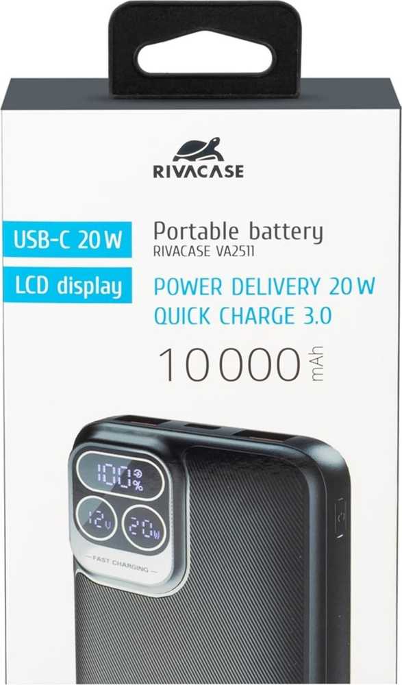 Nešiojamoji baterija RIVACASE 10000 mAh USB-C 20W + LCD, juodas (1x I/O USB-C PD 18W / PD 20W, 2x USB-A QC 3.0 18W, LCD, juodas)