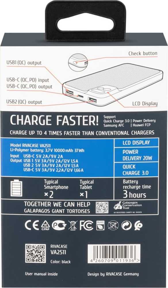 Nešiojamoji baterija RIVACASE 10000 mAh USB-C 20W + LCD, juodas (1x I/O USB-C PD 18W / PD 20W, 2x USB-A QC 3.0 18W, LCD, juodas)