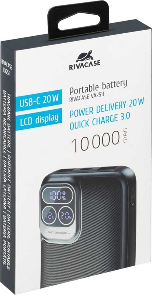 Nešiojamoji baterija RIVACASE 10000 mAh USB-C 20W + LCD, juodas (1x I/O USB-C PD 18W / PD 20W, 2x USB-A QC 3.0 18W, LCD, juodas)