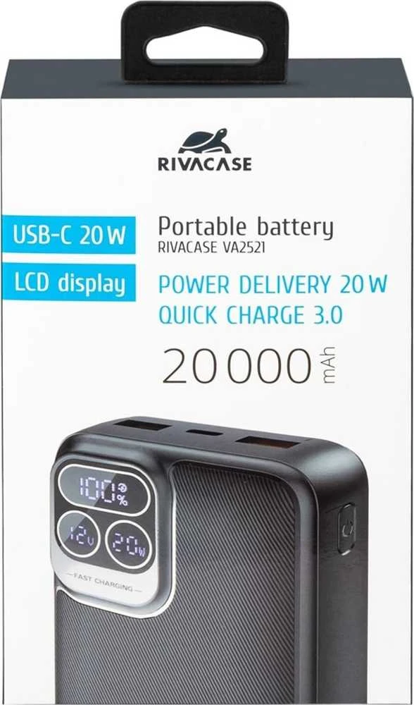 „RivaCase“ išorinė baterija 20 000 mAh USB-C 20 W LCD, 1 x įvestis/išvestis USB-C PD 20 W, 2 x USB-A QC 3.0 18 W, juoda