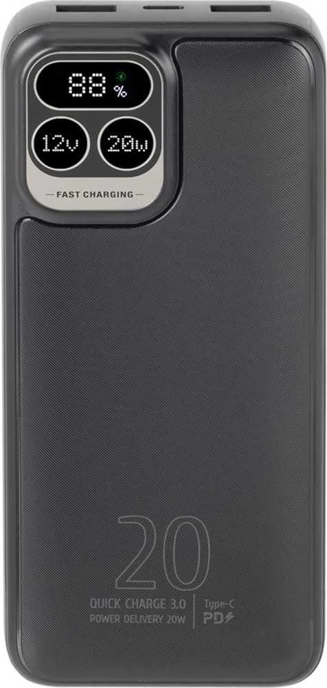 „RivaCase“ išorinė baterija 20 000 mAh USB-C 20 W LCD, 1 x įvestis/išvestis USB-C PD 20 W, 2 x USB-A QC 3.0 18 W, juoda