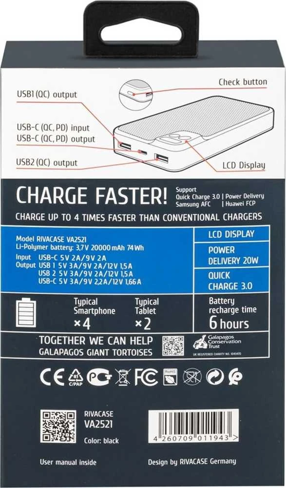 „RivaCase“ išorinė baterija 20 000 mAh USB-C 20 W LCD, 1 x įvestis/išvestis USB-C PD 20 W, 2 x USB-A QC 3.0 18 W, juoda