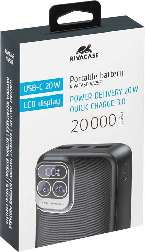„RivaCase“ išorinė baterija 20 000 mAh USB-C 20 W LCD, 1 x įvestis/išvestis USB-C PD 20 W, 2 x USB-A QC 3.0 18 W, juoda