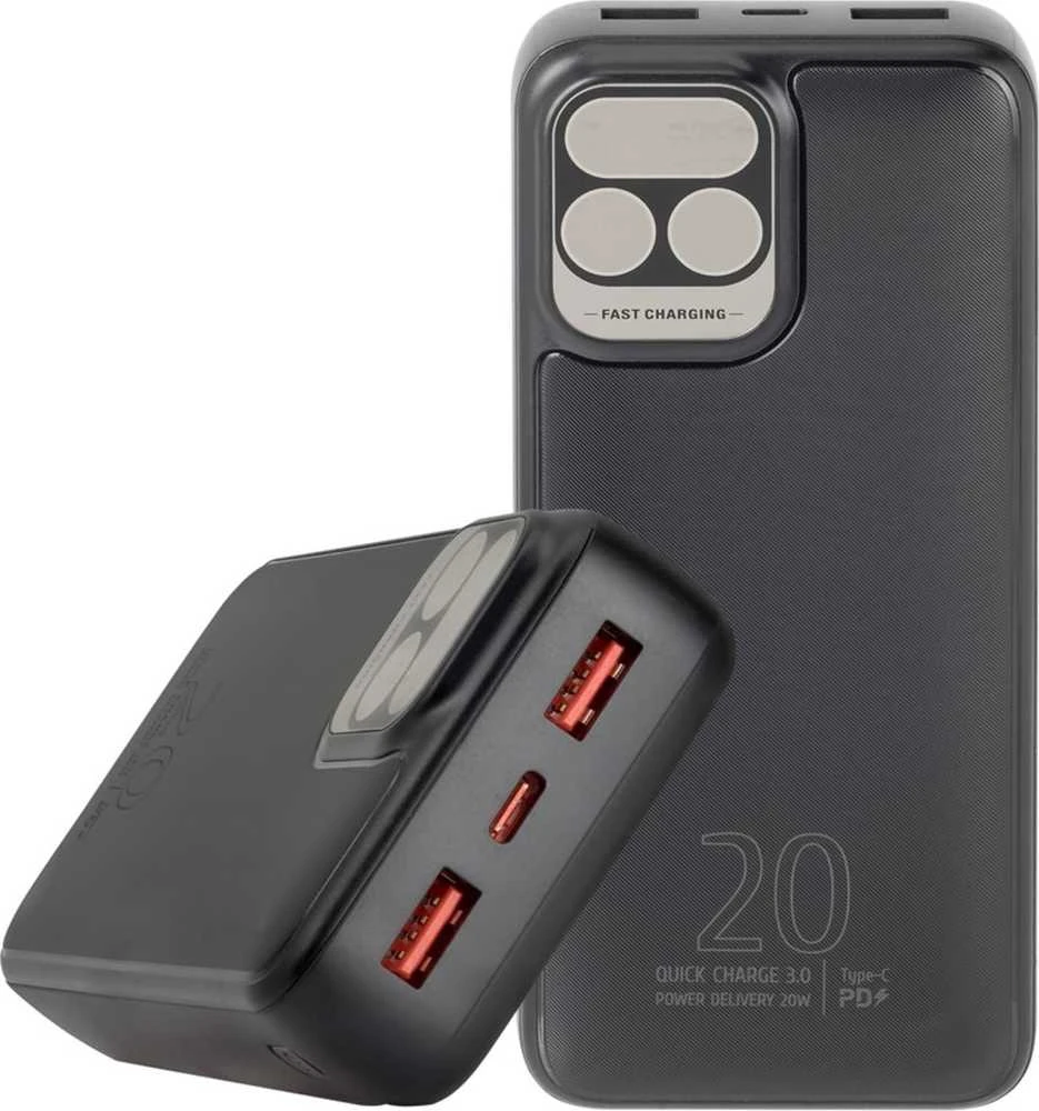 „RivaCase“ išorinė baterija 20 000 mAh USB-C 20 W LCD, 1 x įvestis/išvestis USB-C PD 20 W, 2 x USB-A QC 3.0 18 W, juoda