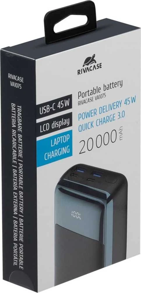 RIVACASE Power Bank 20000 mAh QC/PD 45W LCD for Nešiojamas kompiuteris Juodas