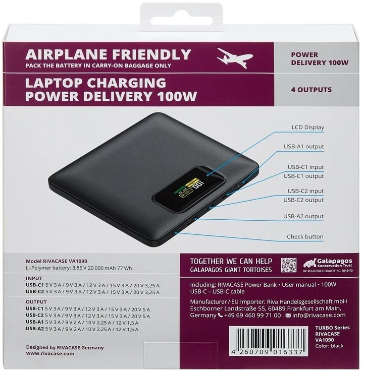 „RivaCase VA1090 20000 mAh Turbo juodas EU PD 100W plonas“