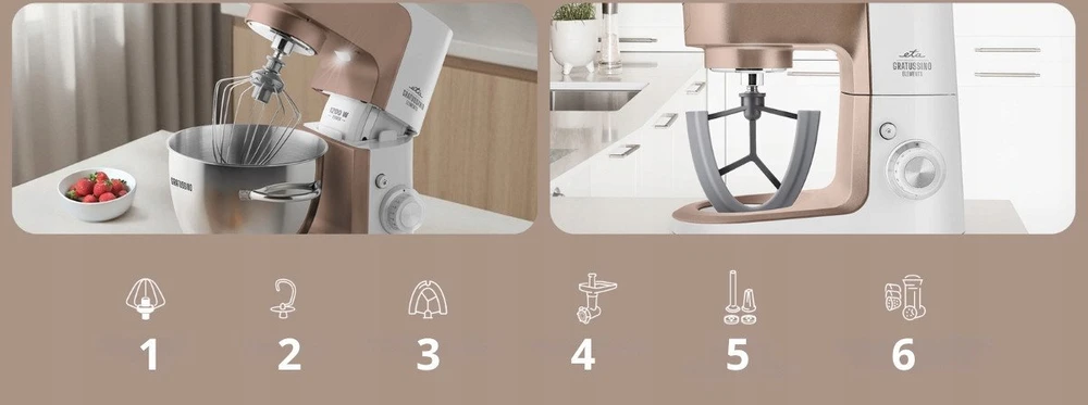 Virtuvinis kombainas ETA virtuvės mašina | Gratussino III Elements 302390210 | 1200 W | Greičių skaičius 8 | Dubens talpa 4,5 l | Balta/Rožinis auksas