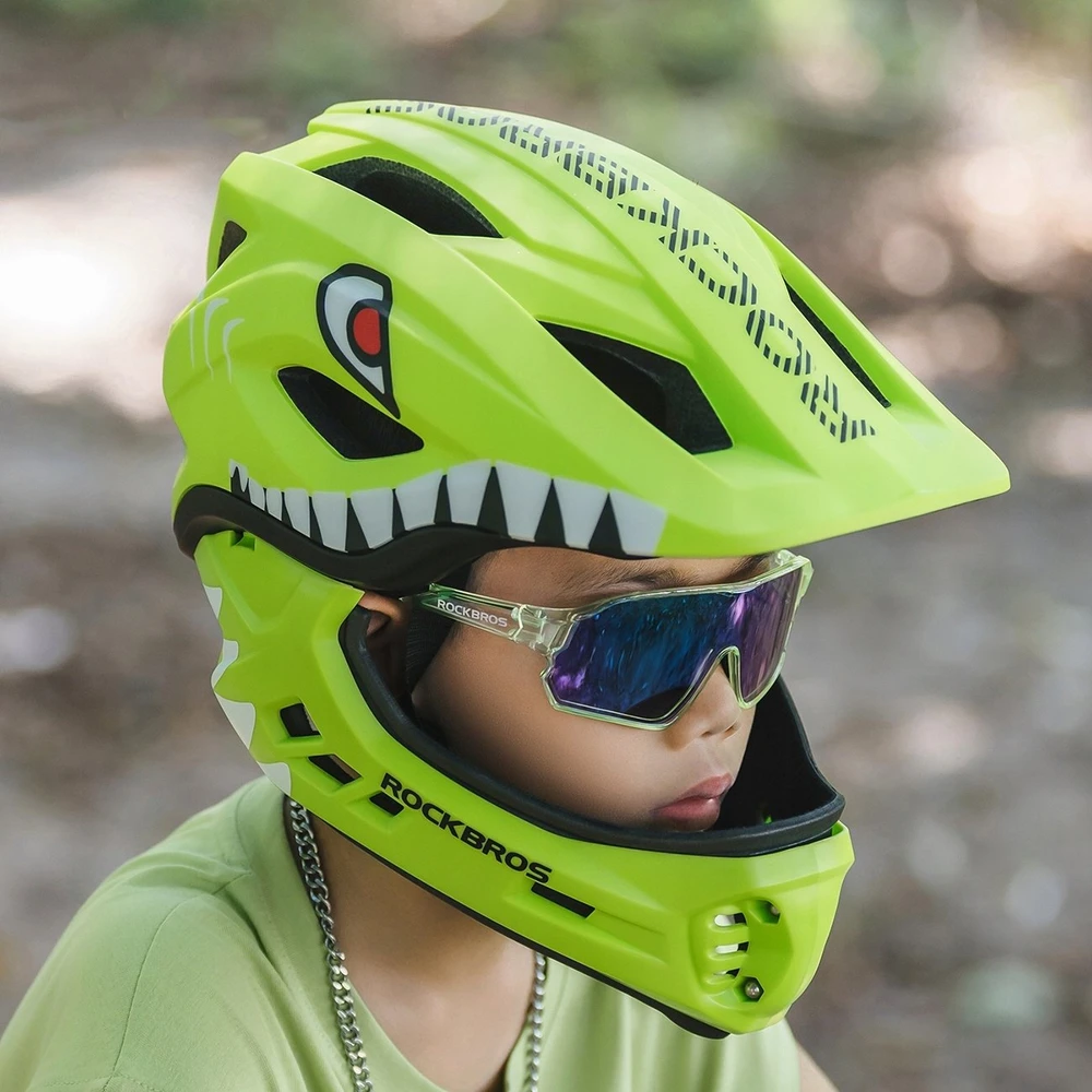 Rockbros TT-32004 „Shark“ vaikiškas dviračio šalmas su nuimamu antgaliu, M dydis (54-58) - Žalias