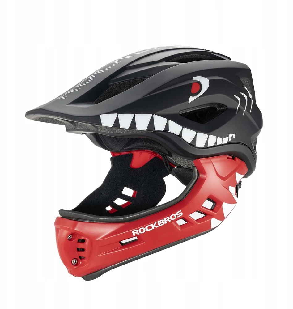 Rockbros TT-32006 „Shark“ vaikiškas dviračio šalmas su nuimamu žiočių rinkiniu, S dydis (48-52) - Juodas