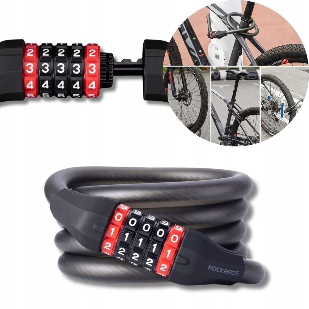 Rockbros RKS507 dviračio spyna su 5 skaitmenų kodu, plieniniu trosu, 180 cm - juodas