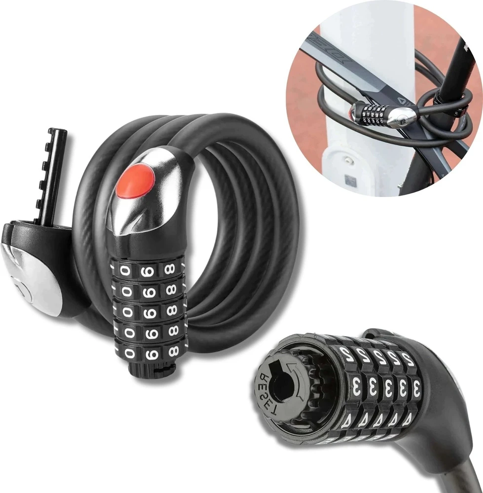 Rockbros RKS531 dviračio spyna su 5 skaitmenų kodu, plieniniu lynu, 180 cm, su LED apšvietimu - juodas
