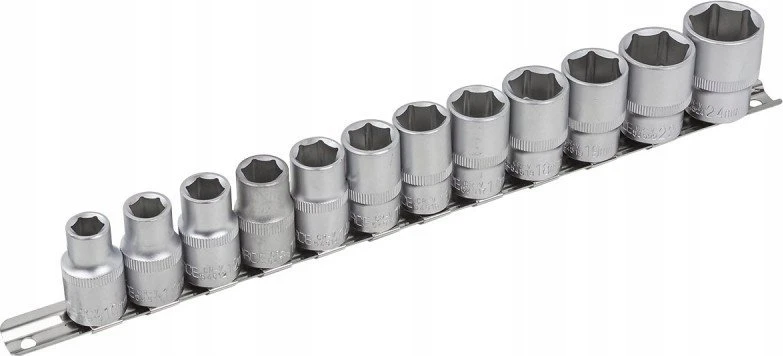 Rockforce 1/2'' antgalių rinkinys 12 dalių (šešiabriaunių) (10-19,22,24mm) ant lentelės