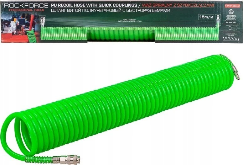 Rockforce spiralinė žarna su greitomis jungtimis 10mm x 15m