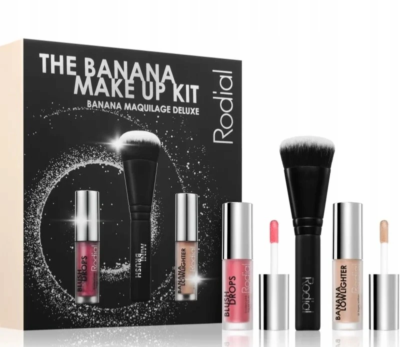 „Kalėdų 2024“ rinkinys „Rodial“: skysti skaistalai „Blush Drops Radiant Finish“ matiniai rausvi, 15 ml + skystas veido švytėjimo suteikiantis pieštukas „Banana Lowlighter“ 1,6 ml + makiažo pagrindas „The Buffing Mini Foundation No. 10“