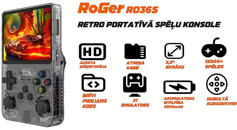 „RoGer RO36S HD 3.5" retro nešiojama žaidimų konsolė 64 GB / 21 emuliatorius / 15 000+ žaidimų