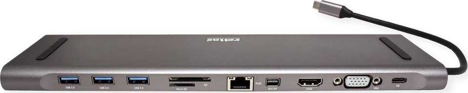 Šakotuvas „Roline“ prijungimo stotelė / replikatorius USB 3.2 Gen 2 tipo C daugiaprievadinė prijungimo stotelė, 4K HDMI / Mini DP, VGA, USB, klaviatūra, PD, LAN, garsas