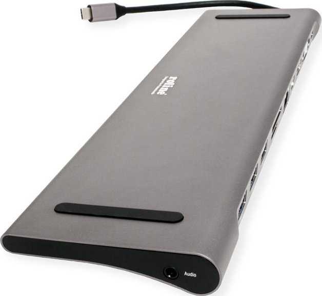 Šakotuvas „Roline“ prijungimo stotelė / replikatorius USB 3.2 Gen 2 tipo C daugiaprievadinė prijungimo stotelė, 4K HDMI / Mini DP, VGA, USB, klaviatūra, PD, LAN, garsas
