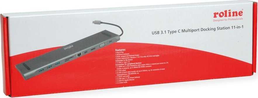 Šakotuvas „Roline“ prijungimo stotelė / replikatorius USB 3.2 Gen 2 tipo C daugiaprievadinė prijungimo stotelė, 4K HDMI / Mini DP, VGA, USB, klaviatūra, PD, LAN, garsas