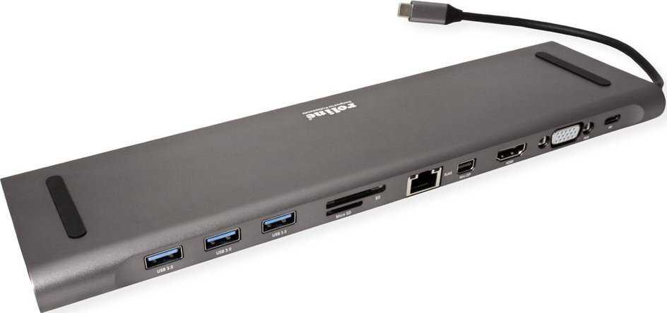 Šakotuvas „Roline“ prijungimo stotelė / replikatorius USB 3.2 Gen 2 tipo C daugiaprievadinė prijungimo stotelė, 4K HDMI / Mini DP, VGA, USB, klaviatūra, PD, LAN, garsas
