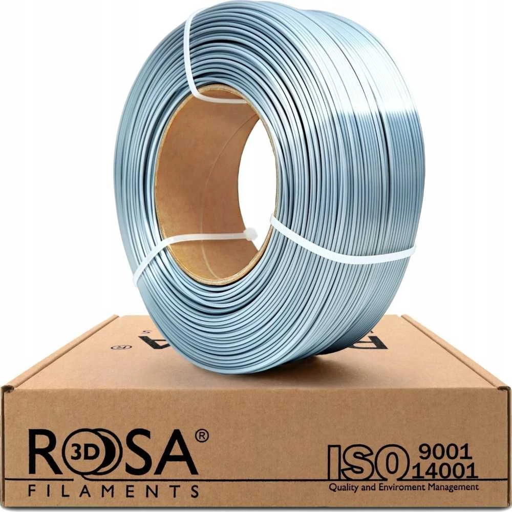 3D plastikas PLA sidabrinė blizgi (silk Sidabrinis) 1.75mm 1kg refill pakuotė Rosa3D