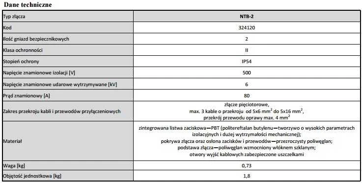 ROSA NTB-2 techninių duomenų lentelė