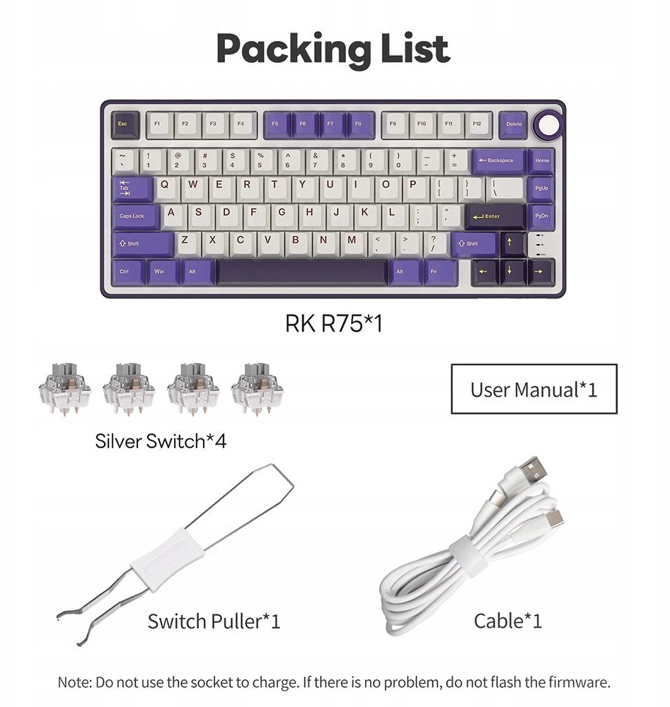 Royal Kludge RK R75 RGB Blackberry laidinė klaviatūra | 75%, Hot-swap, Sidabrinis switches, US