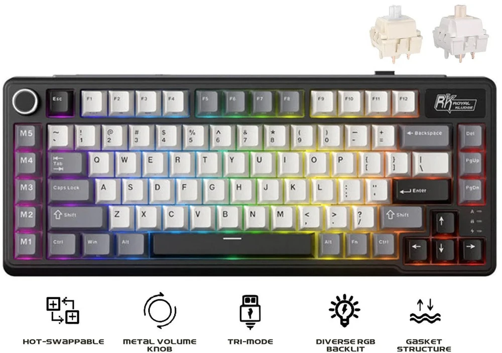 Royal Kludge L75 RGB Knight Juodas belaidė klaviatūra | 75%, Hot-swap, Kremas switches, US