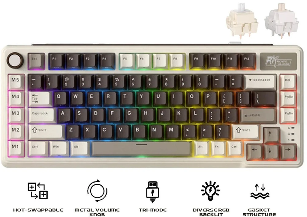 Royal Kludge L75 RGB Mocha Pilkas belaidė klaviatūra | 75%, Hot-swap, Kreminis switches, US