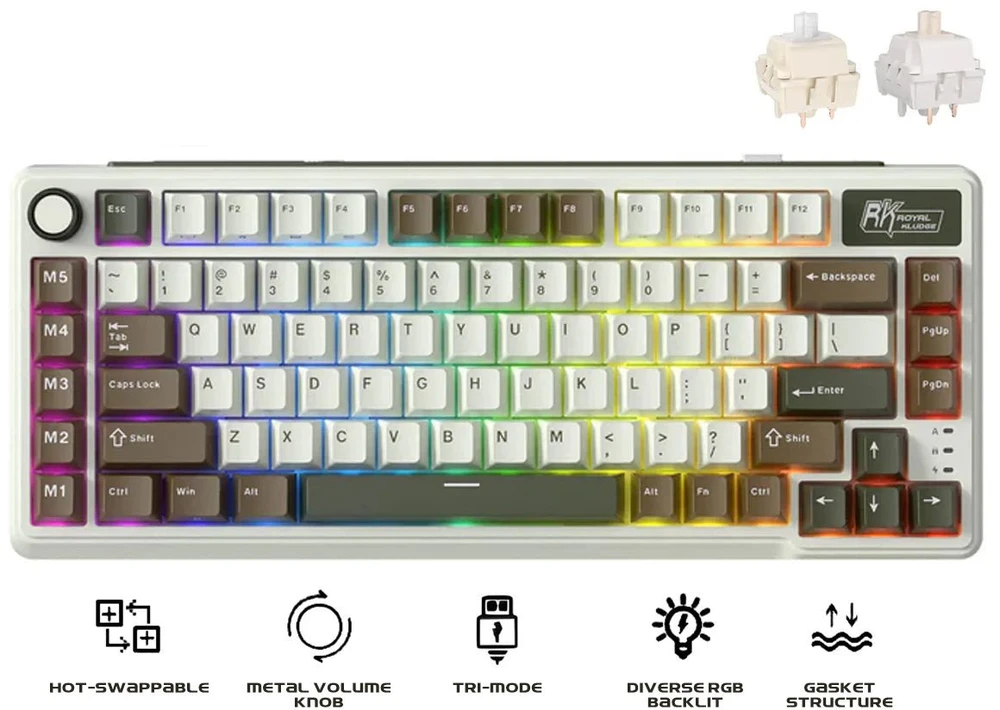 Royal Kludge L75 RGB Palm Žalias belaidė klaviatūra | 75%, Hot-swap, Creamy switches, US