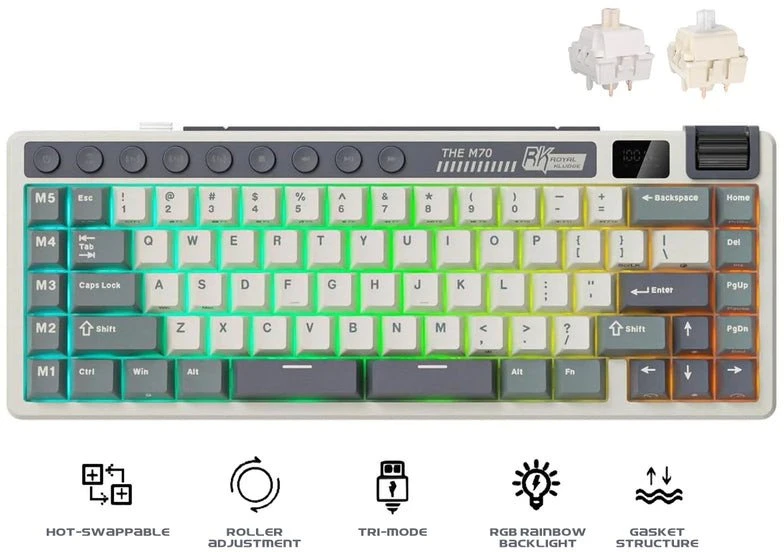 Royal Kludge M70 RGB Cyan belaidė klaviatūra | 75%, Hot-swap, Creamy switches, US