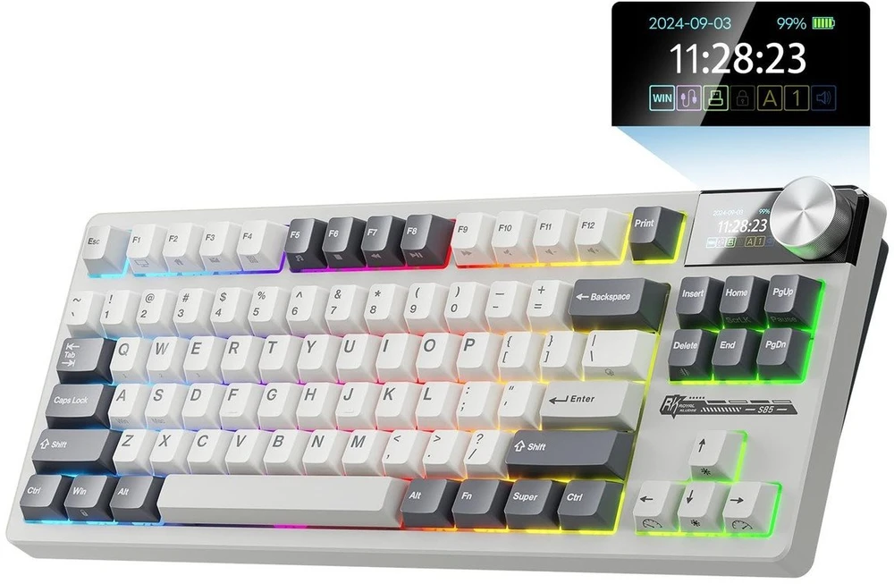 Royal Kludge S85 RGB Baltas Night belaidė klaviatūra | 80% TKL, Hot-swap, Cloud switches, US