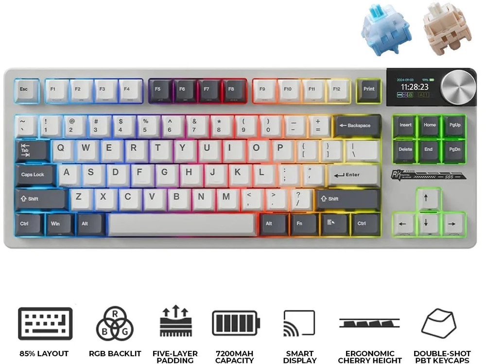 Royal Kludge S85 RGB Baltas Night belaidė klaviatūra | 80% TKL, Hot-swap, Cloud switches, US