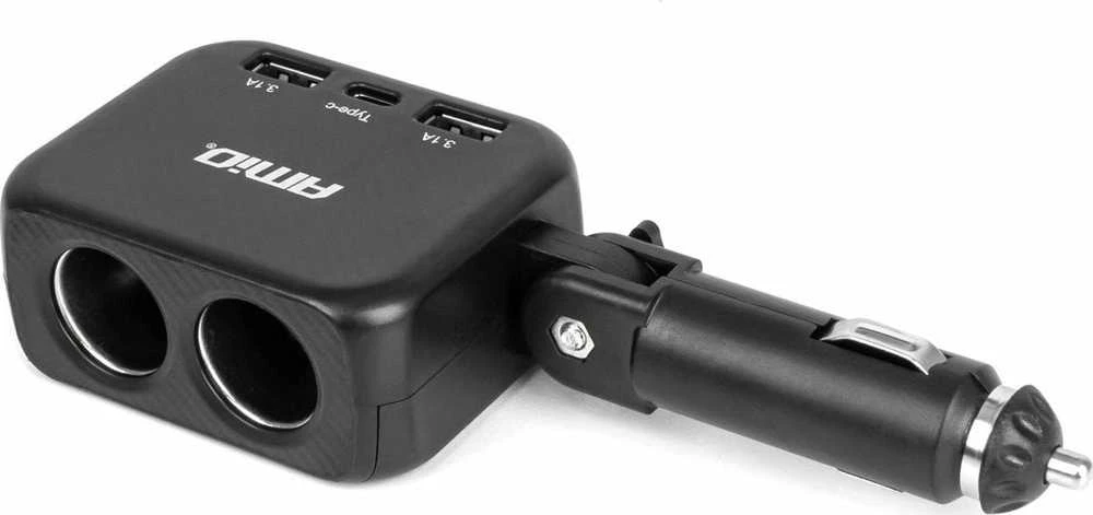 Dviejų lizdų cigarečių uždegiklio prailgintojas su įkrovikliu 2×USB-A + USB-C 12/24V 100W 180° AMIO-04357