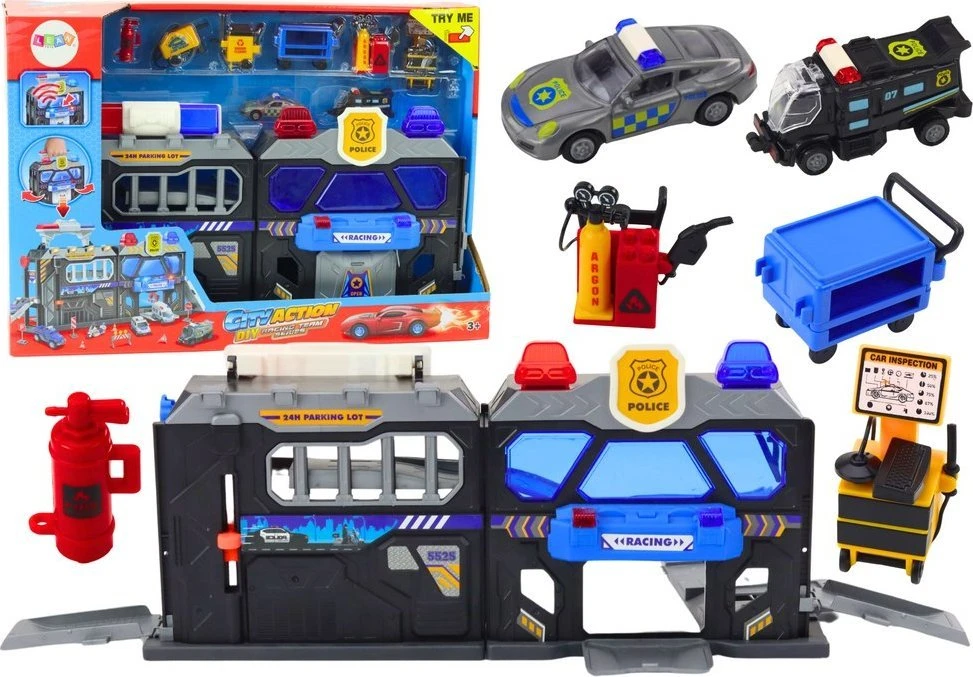 Lean Toys Išplečiamas žaislinis garažo rinkinys lagamine su policijos šviesomis, 56x23x18 cm