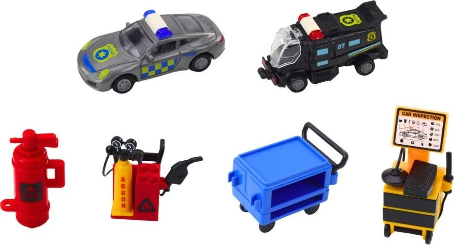 Lean Toys Išplečiamas žaislinis garažo rinkinys lagamine su policijos šviesomis, 56x23x18 cm