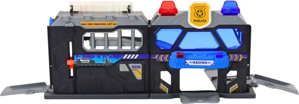Lean Toys Išplečiamas žaislinis garažo rinkinys lagamine su policijos šviesomis, 56x23x18 cm