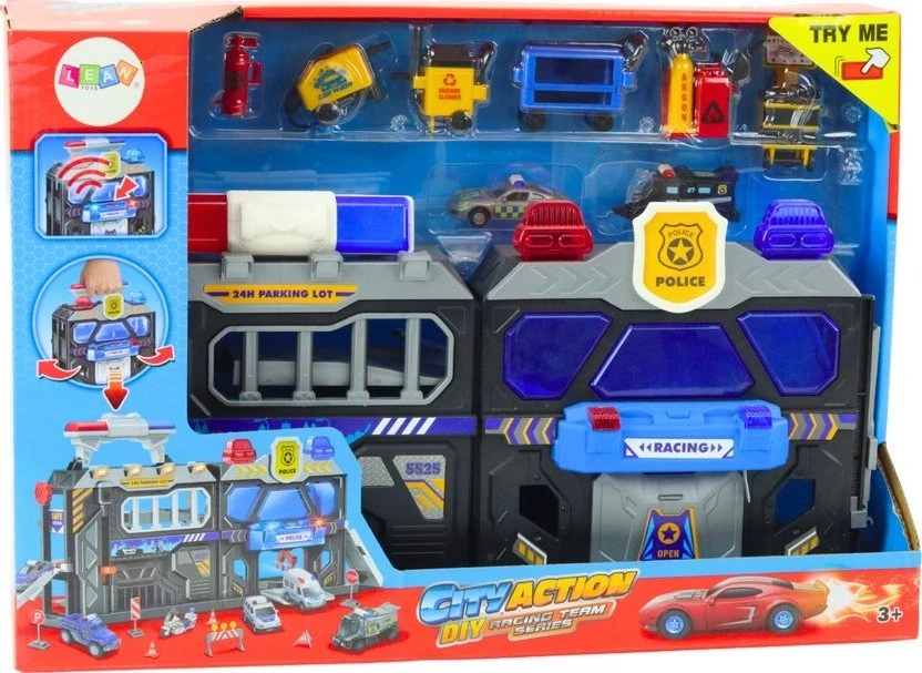 Lean Toys Išplečiamas žaislinis garažo rinkinys lagamine su policijos šviesomis, 56x23x18 cm