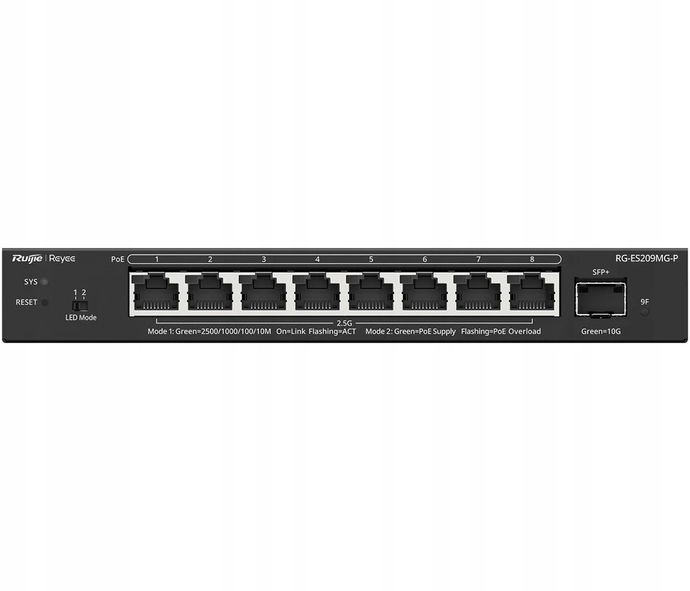 Šakotuvas Ruijie Networks RG-ES209MG-P tinklo komutatorius Valdomas L2 2.5G Ethernet (100/1000/2500) Maitinimas per Eternetą (PoE) Juoda