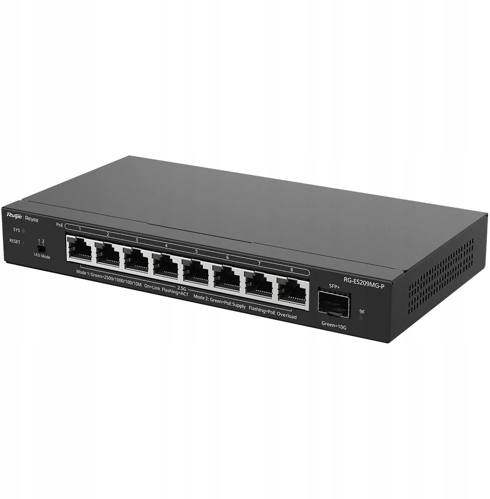 Šakotuvas Ruijie Networks RG-ES209MG-P tinklo komutatorius Valdomas L2 2.5G Ethernet (100/1000/2500) Maitinimas per Eternetą (PoE) Juoda