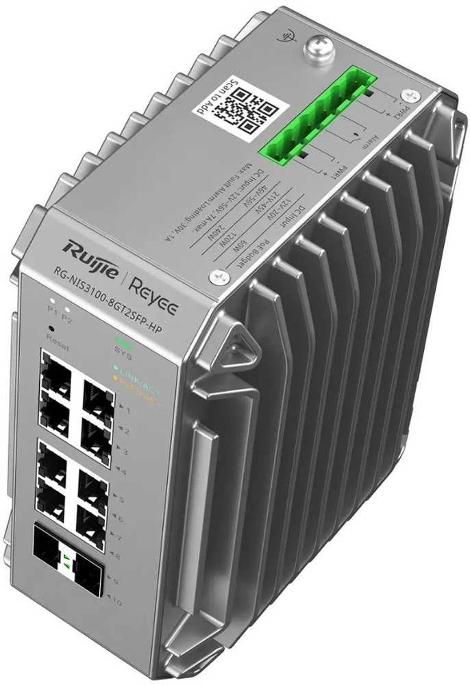 Šakotuvas 8 prievadų industrinis komutatorius Ruijie Reyee RG-NIS3100-8GT2SFP-HP (Valdomas, 8 x PoE+)