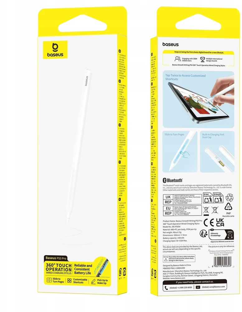 Pelė Baseus Ekrano rašiklis PS3 Pro aktyvus iPad planšetėms įkraunamas su Bluetooth, baltas