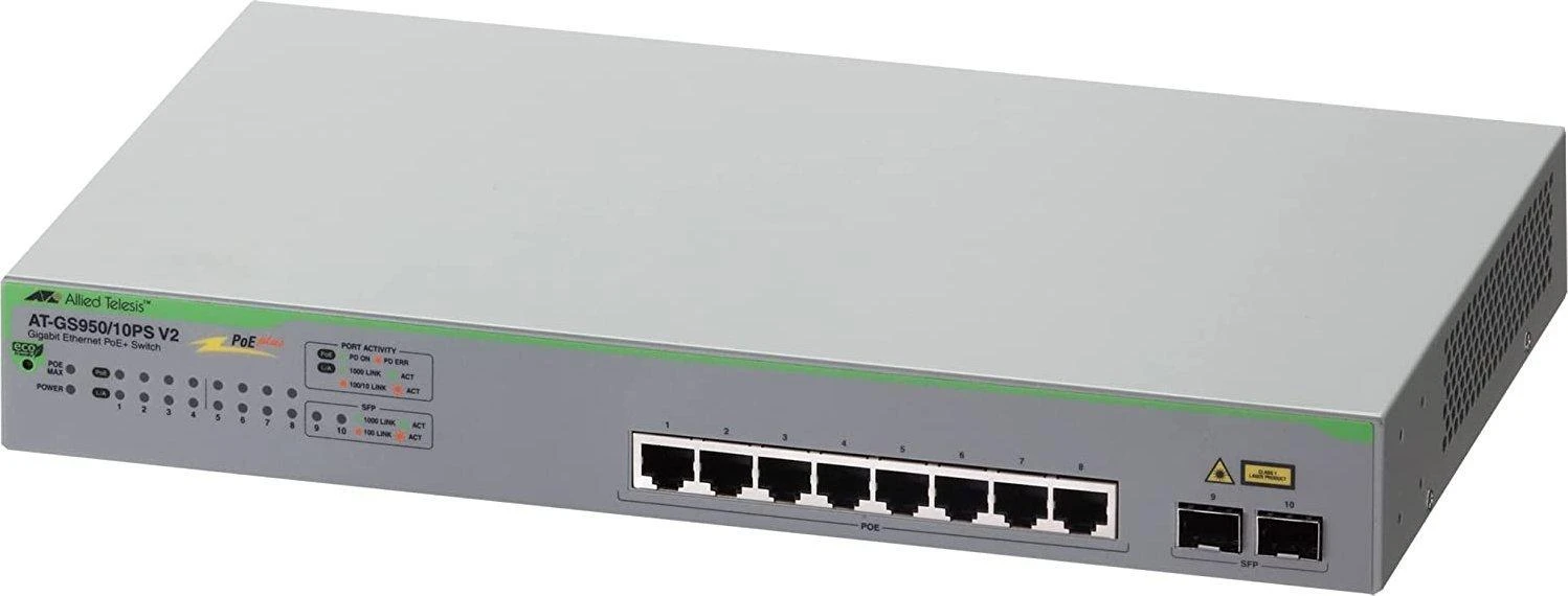 Šakotuvas Allied Telesis GIGABIT WEBSMART komutatorius 8xTPOE+ - 2x SFP prievadai, ES maitinimo laidas