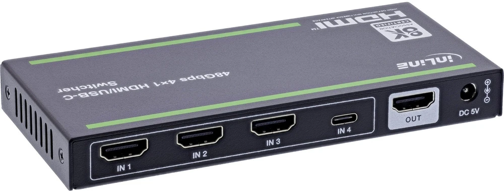 Šakotuvas „Club 3D Inline HDMI“ jungiklis – 4 padėčių – 48 Gb/s – 8K esant 60 Hz dažniui – su USB-C