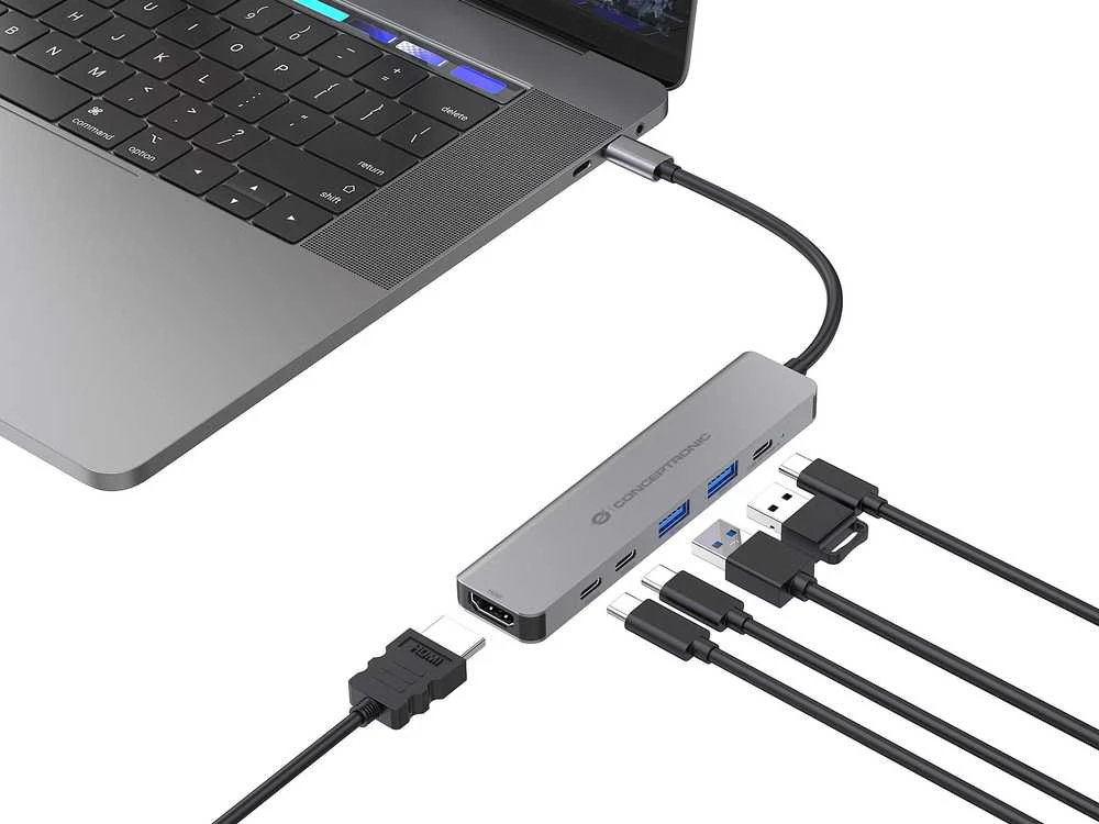 Conceptronic USB-C doko stotelė su prijungtais prietaisais