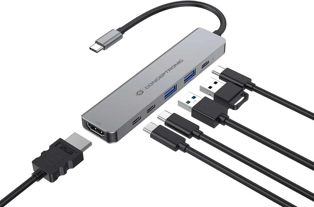 „Conceptronic CONCEPTRONIC 6-1“ laikiklis, USB-C->HDMI, 2xUSB-A, 3xUSB-C, + 25 cm