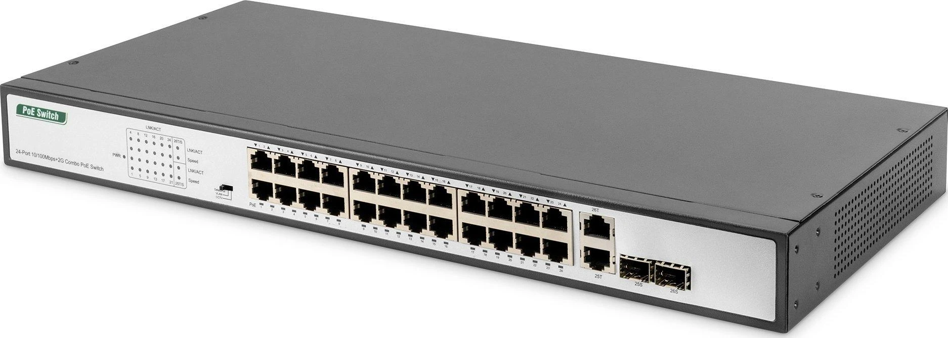 Šakotuvas Digitus Skaitmenas | Greitas Ethernet PoE jungiklis 24 prievadų PoE + 2 Combo, 370 W PoE | DN-95343 | Nevaldomas | Darbalaukis | Maitinimo tipas Vidinis