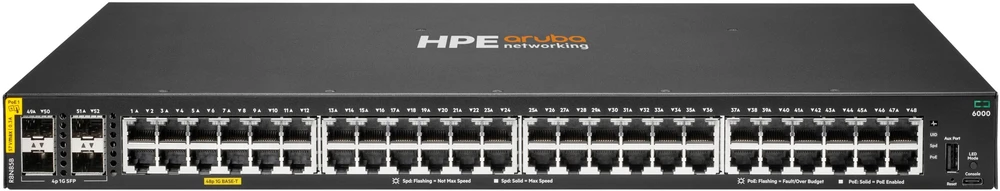 Šakotuvas Hewlett Packard (HP) HPE Aruba Networking CX6000 valdomas komutatorius (R8N85B) 48x 1G Ethernet, 4x 1G SFP, PoE/PoE+ 370W