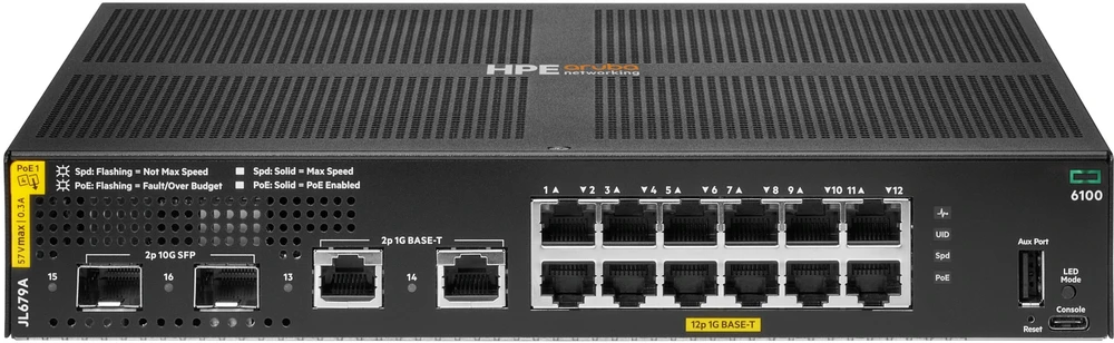 Šakotuvas „Hewlett Packard“ (HP) komutatorius HPE 6100 12G Class4 PoE 2G/2SFP+ 139W (JL679A)