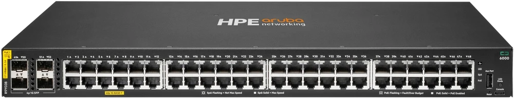 Šakotuvas Hewlett Packard (HP) Switch HPE Aruba Networking CX 6000 48p 10M/100M/1G Class4 PoE 4p SFP 1G 740W Switch - Switch - managed - 48 x 10/100/1000 (PoE+) + 4 x Gigabit SFP (Uplink) - Przepływ powietrza su boku na bok - do montażu w szafie, do montażu na ścianie - PoE+ (740 w) - B