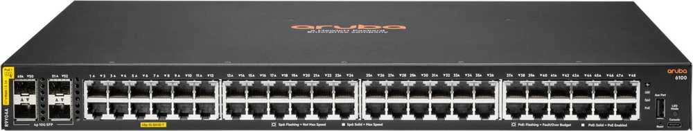 Šakotuvas Hewlett Packard (HP) „Switch HP HPE Aruba Networking CX 6100 48G Class4 PoE 4SFP+ 740W Switch – Switch – L3 – valdomas – 48 x 10/100/1000 (PoE+) + 4 x 1 Gigabit/10 Gigabit SFP+ (Uplink) – oro srautas iš šono į šoną – galimybė montuoti stove, montavimas ant sienos – PoE“